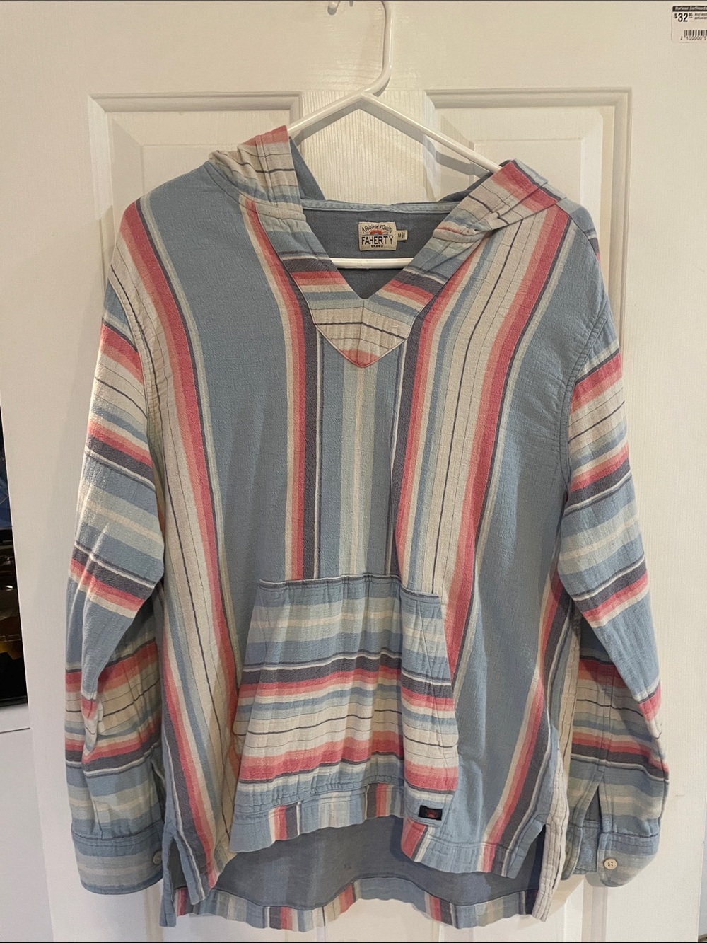 Faherty Blue and Coral Shirt w/ Hood and Front Pocket with Sunrise Patch